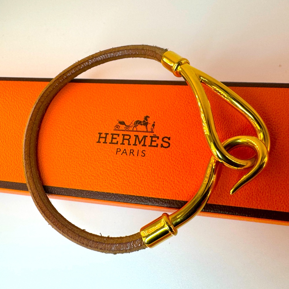 Hermès Suede Hook Bracelet Authentic Gold Plated Hermes Equestrian 1995 Vintage - Picture 12 of 12